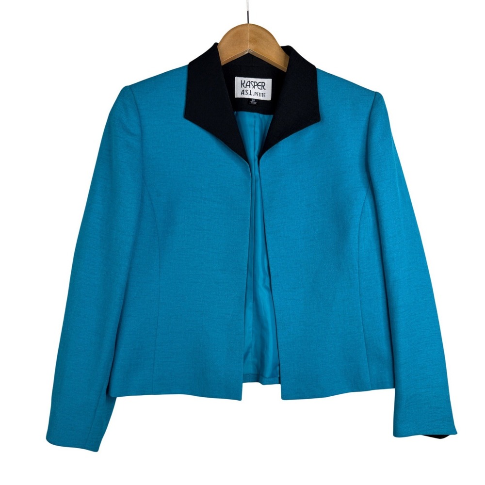 Kasper A.S.L. Petite Womens Open Front Blazer Size 8P Blue Black Collar Woven
